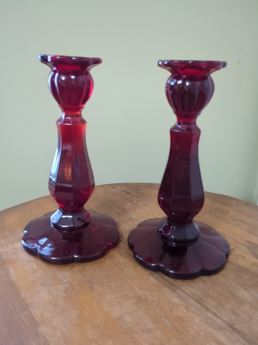 Rare Ruby Red Moser 114 Scalloped Candlesticks Vintage